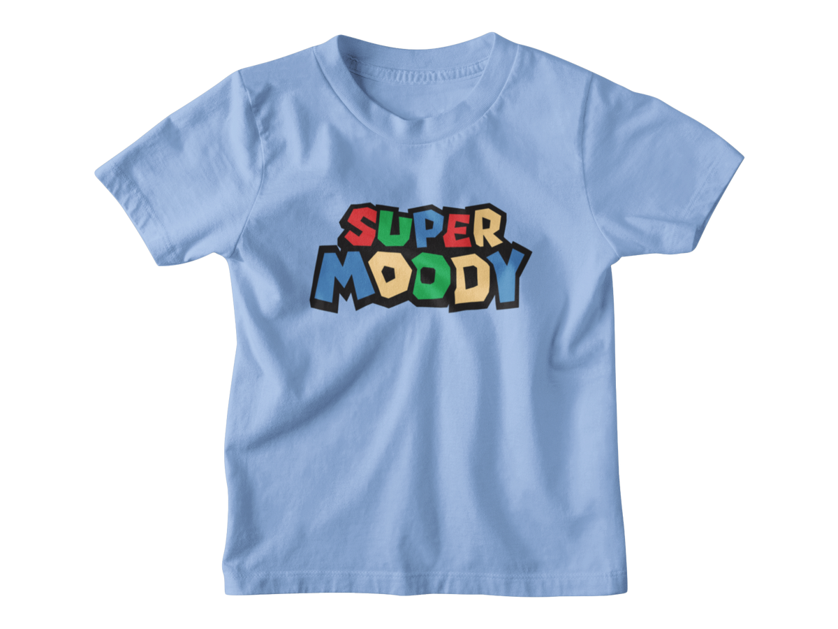 A light blue short-sleeve kids t-shirt with a colorful graphic on the chest that reads &