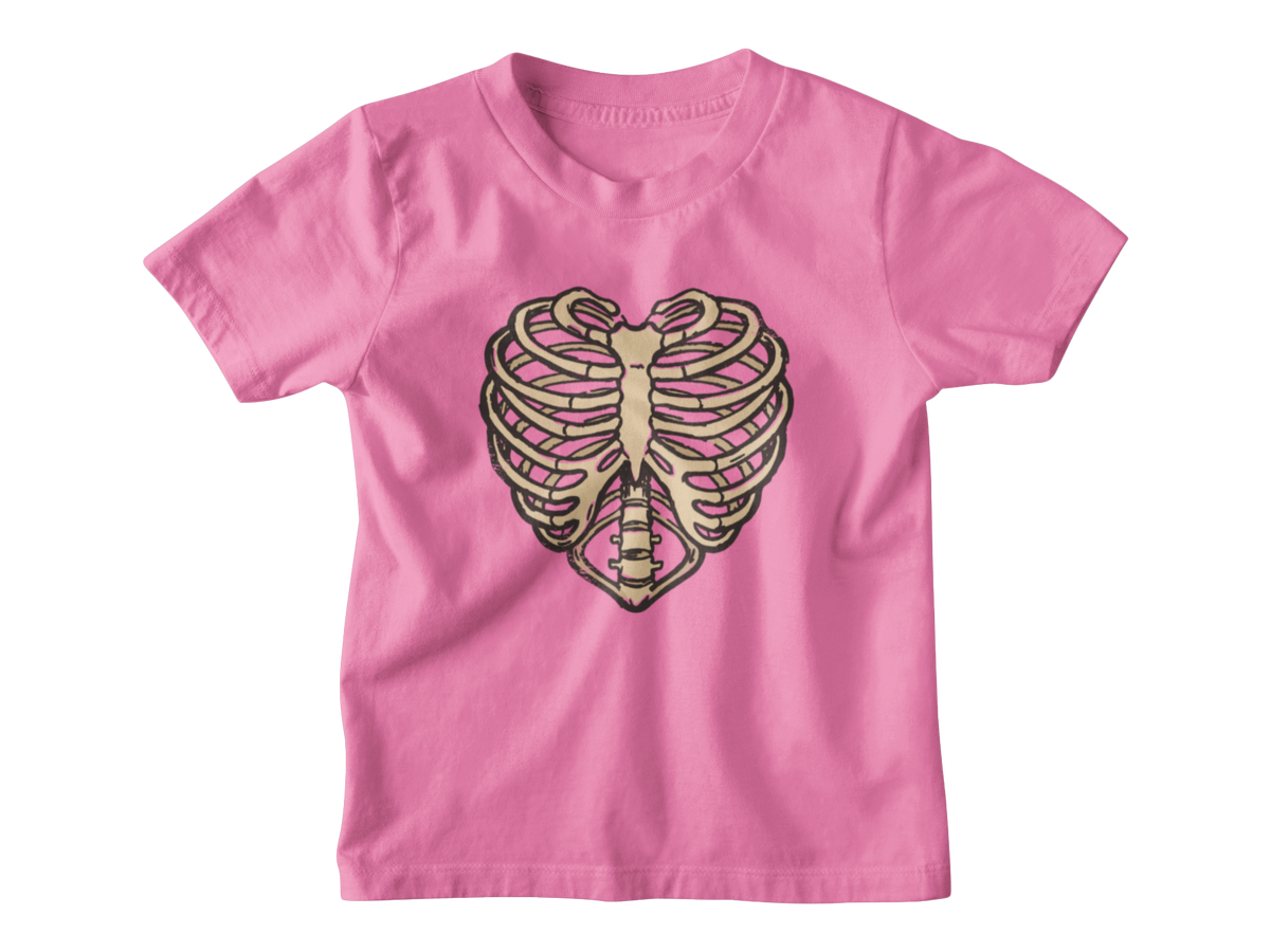 A dark pink kids crewneck shirt featuring a skeleton ribcage heart for Valentine&