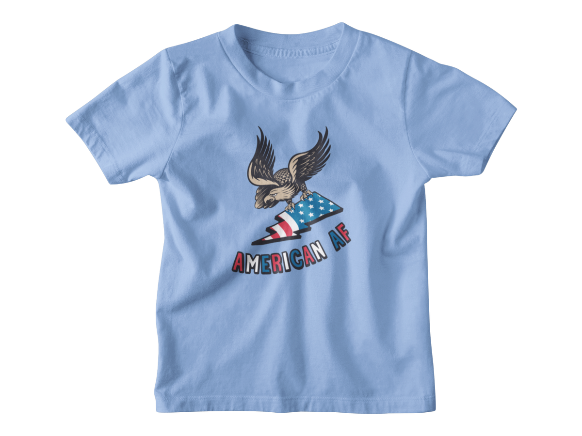A blue short-sleeve t-shirt with a graphic of an eagle holding an American flag and the text &