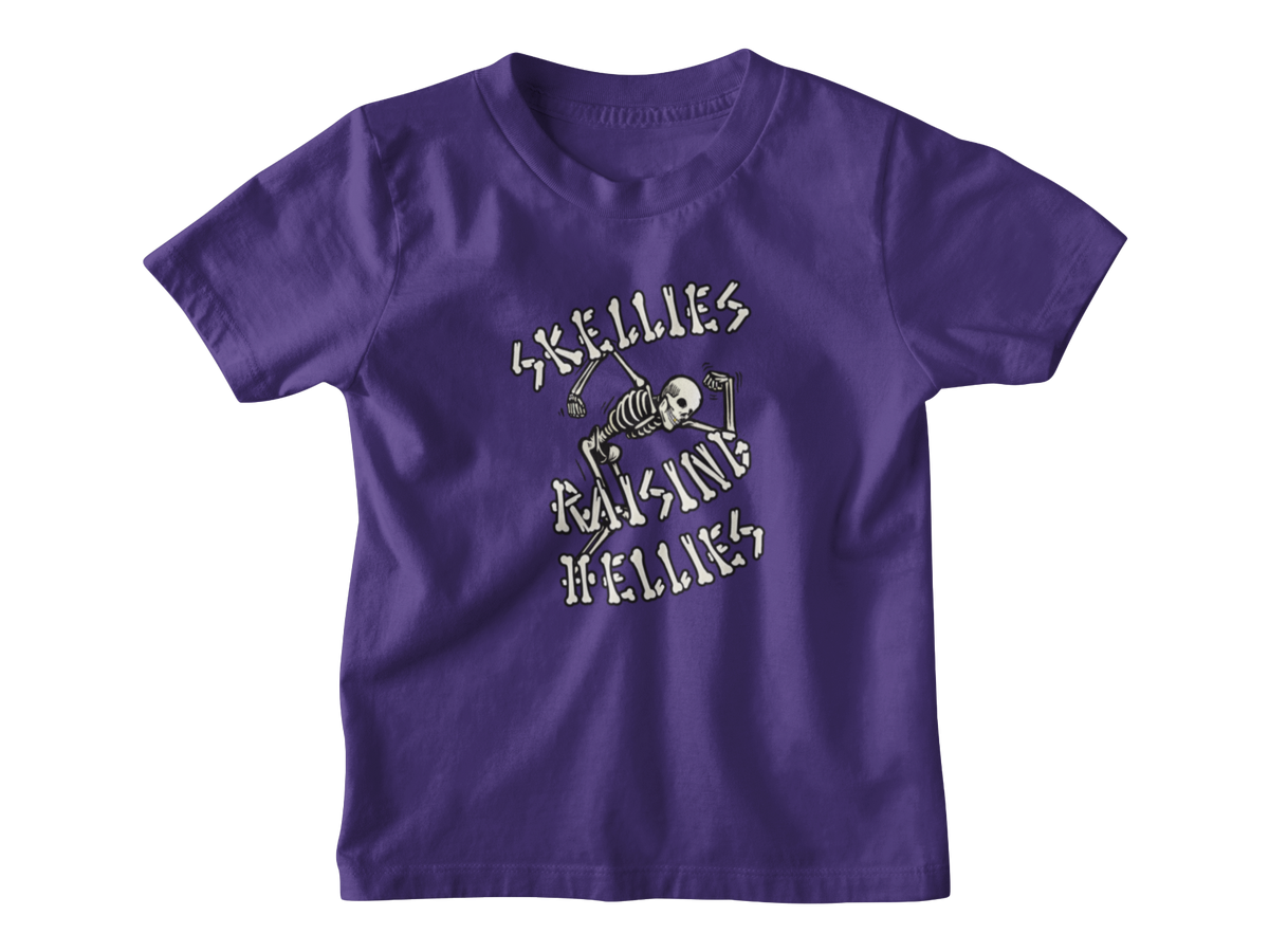 A purple short-sleeve crewneck kid t-shirt featuring a graphic print of a Halloween skeleton and the text &
