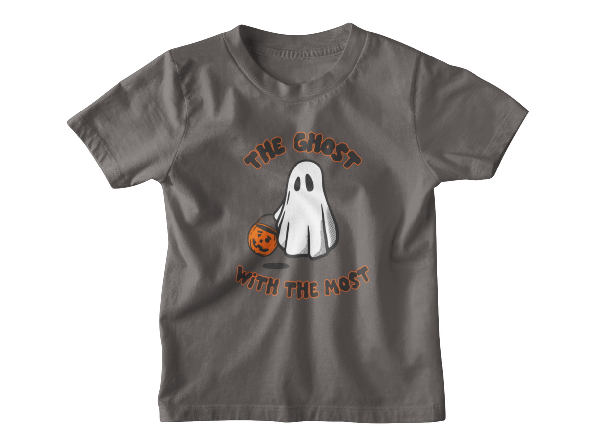 A dark gray short-sleeve t-shirt with a Halloween graphic on the front. The graphic features a white ghost holding an orange jack-o&