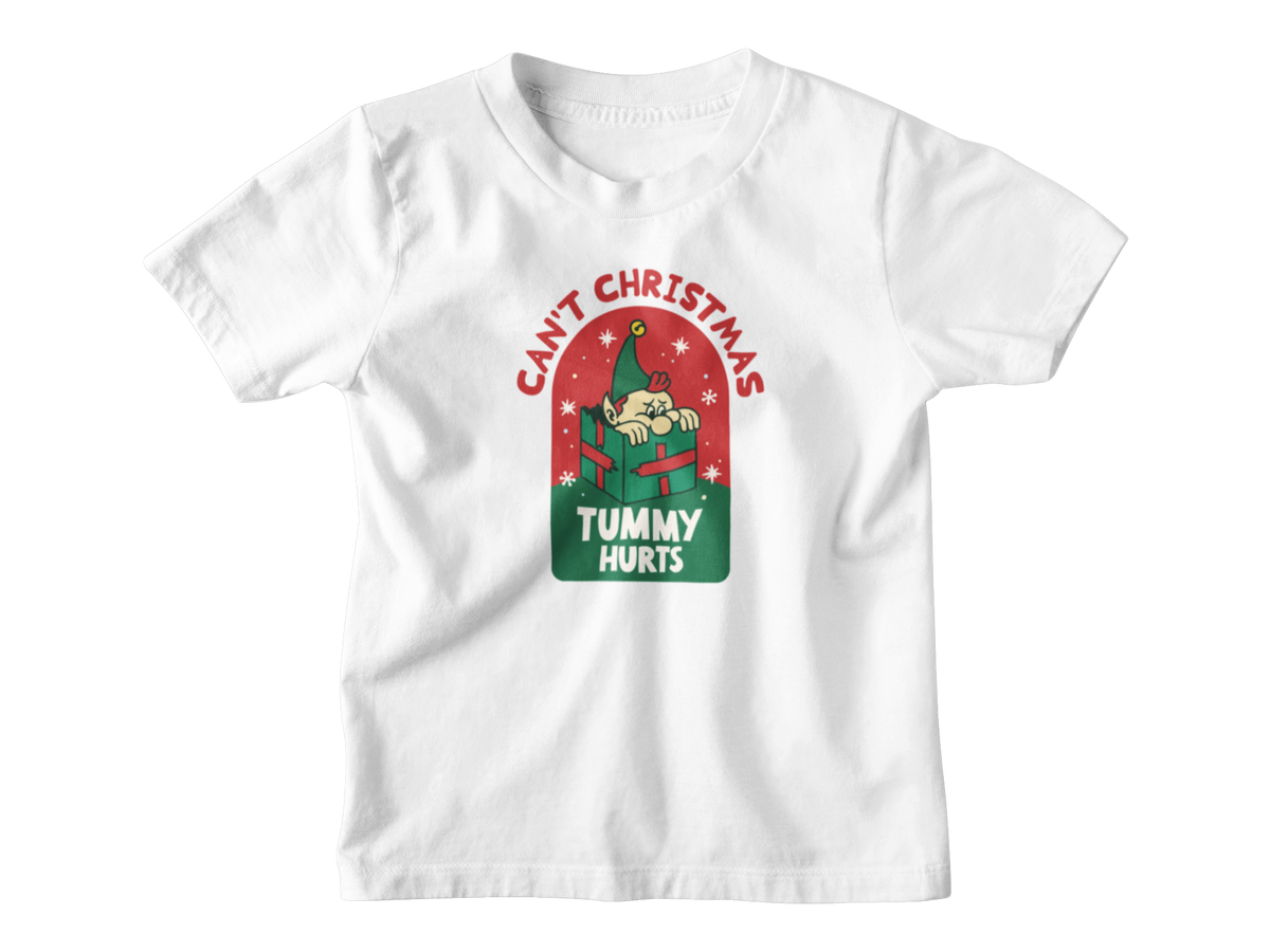 A white kids t-shirt with a Christmas-themed graphic on the chest. The graphic features a cartoon character in a green hat holding a red gift box under the text &