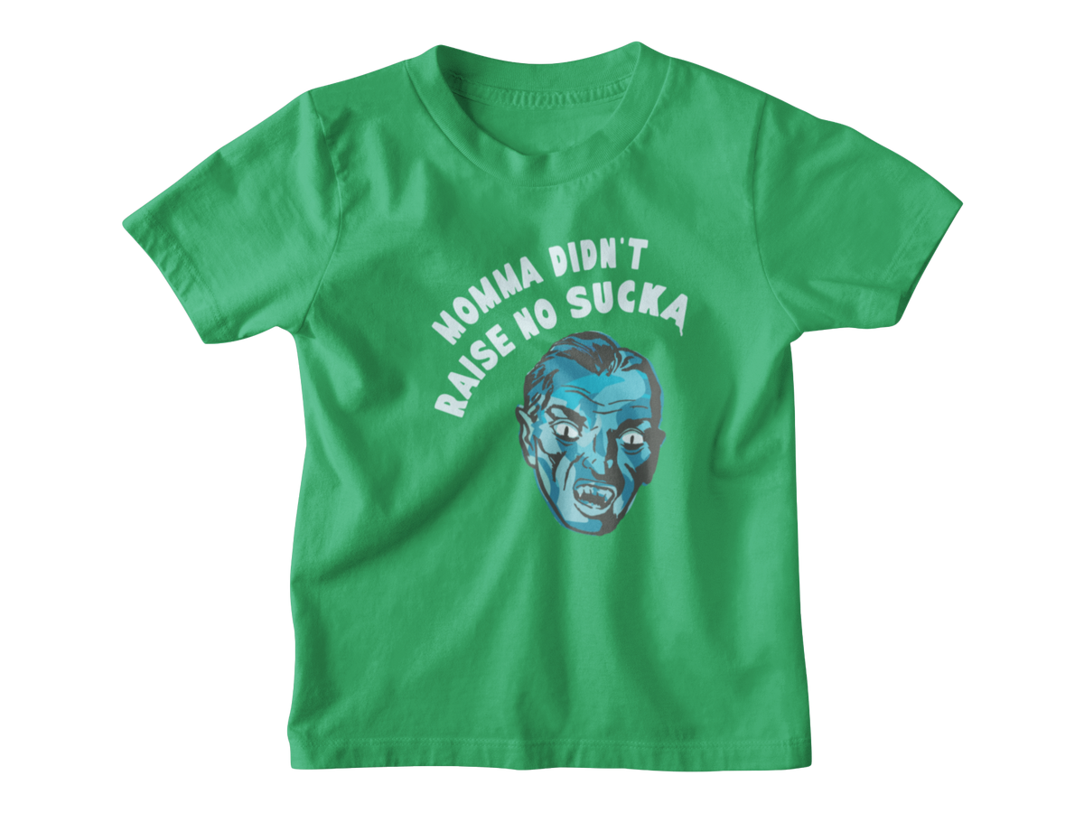 A green short-sleeve Halloween kids t-shirt with a graphic of a vampire and the text &