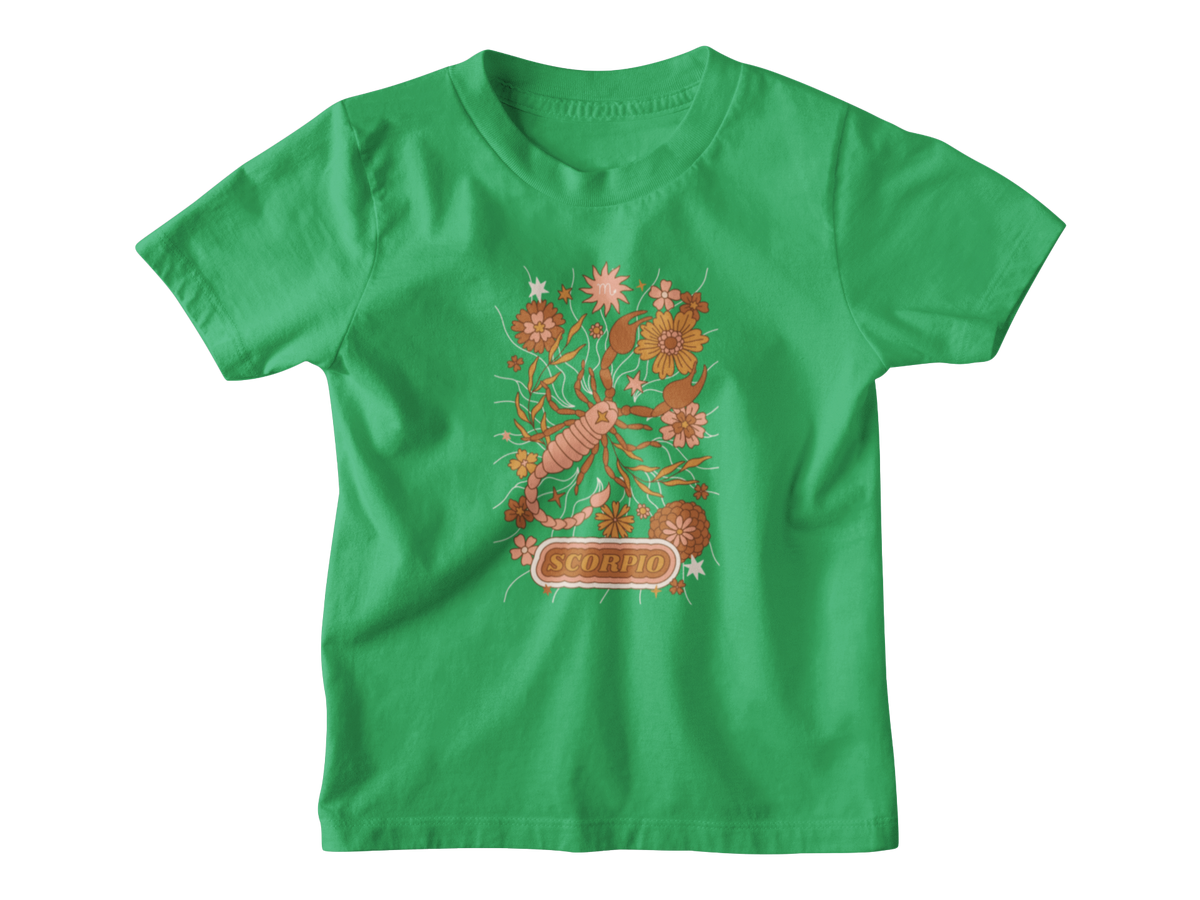 A green short-sleeve kids astrology t-shirt with a colorful Scorpio zodiac graphic featuring a scorpion, flowers, and the word &