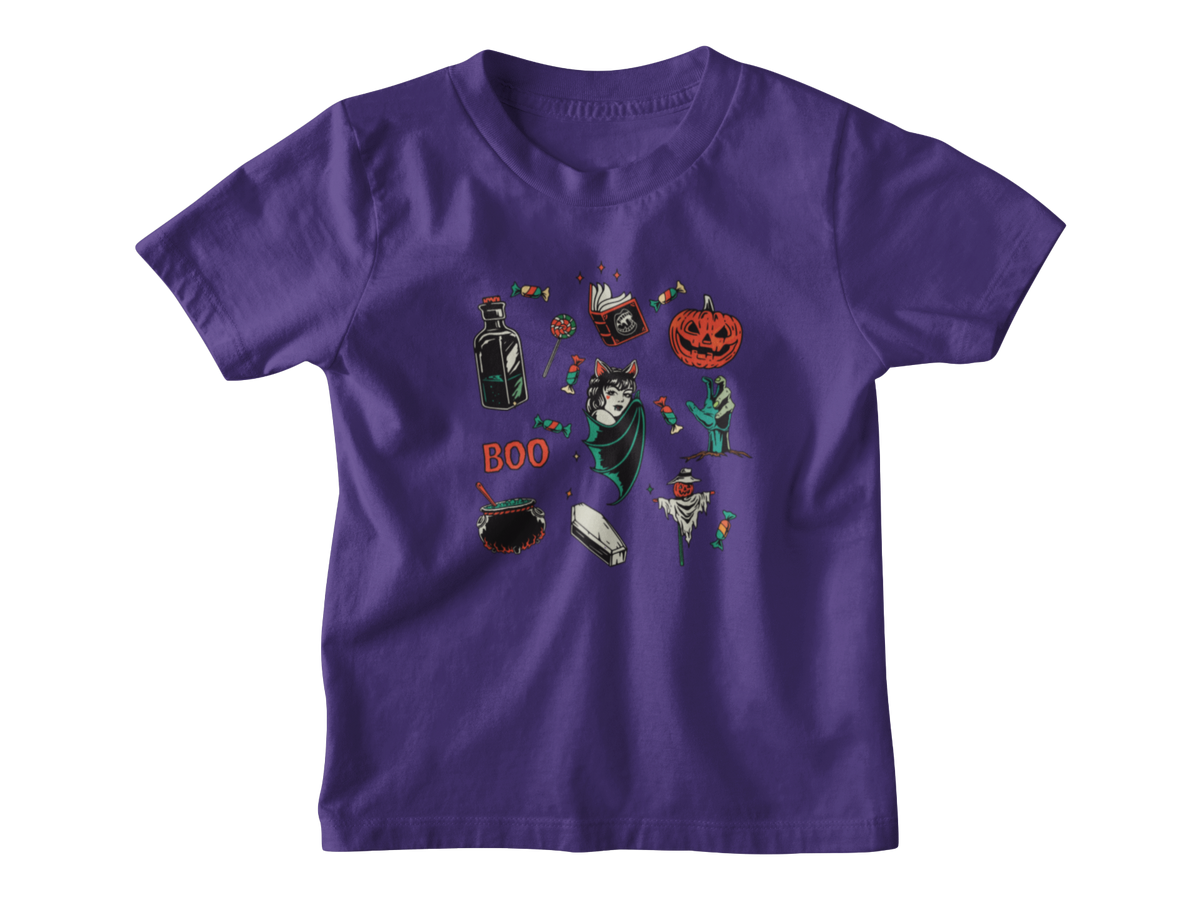 A purple kids short-sleeve t-shirt with a central graphic collage of various Halloween-themed illustrations, including a jack-o&