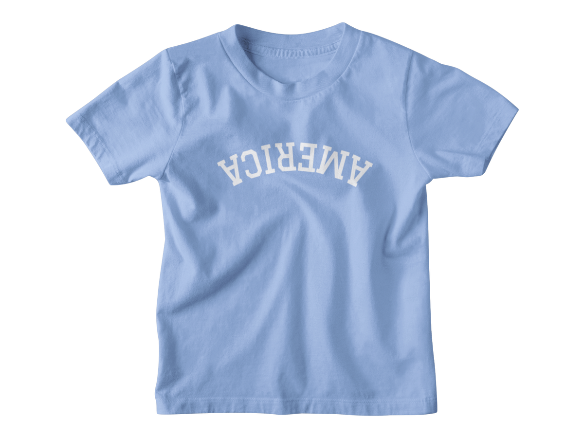 A light blue short-sleeve crewneck kids t-shirt with &