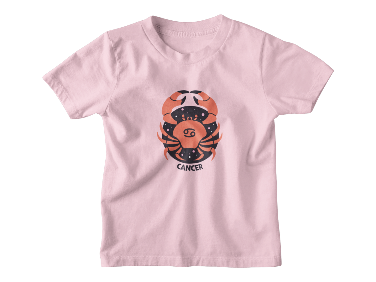 A light pink short-sleeve t-shirt with a graphic of a Cancer zodiac sign crab on the chest, displayed against a solid white background.
