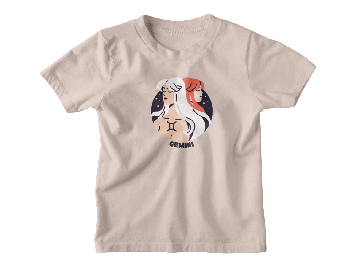 Beige kids t-shirt with a Gemini astrology graphic.