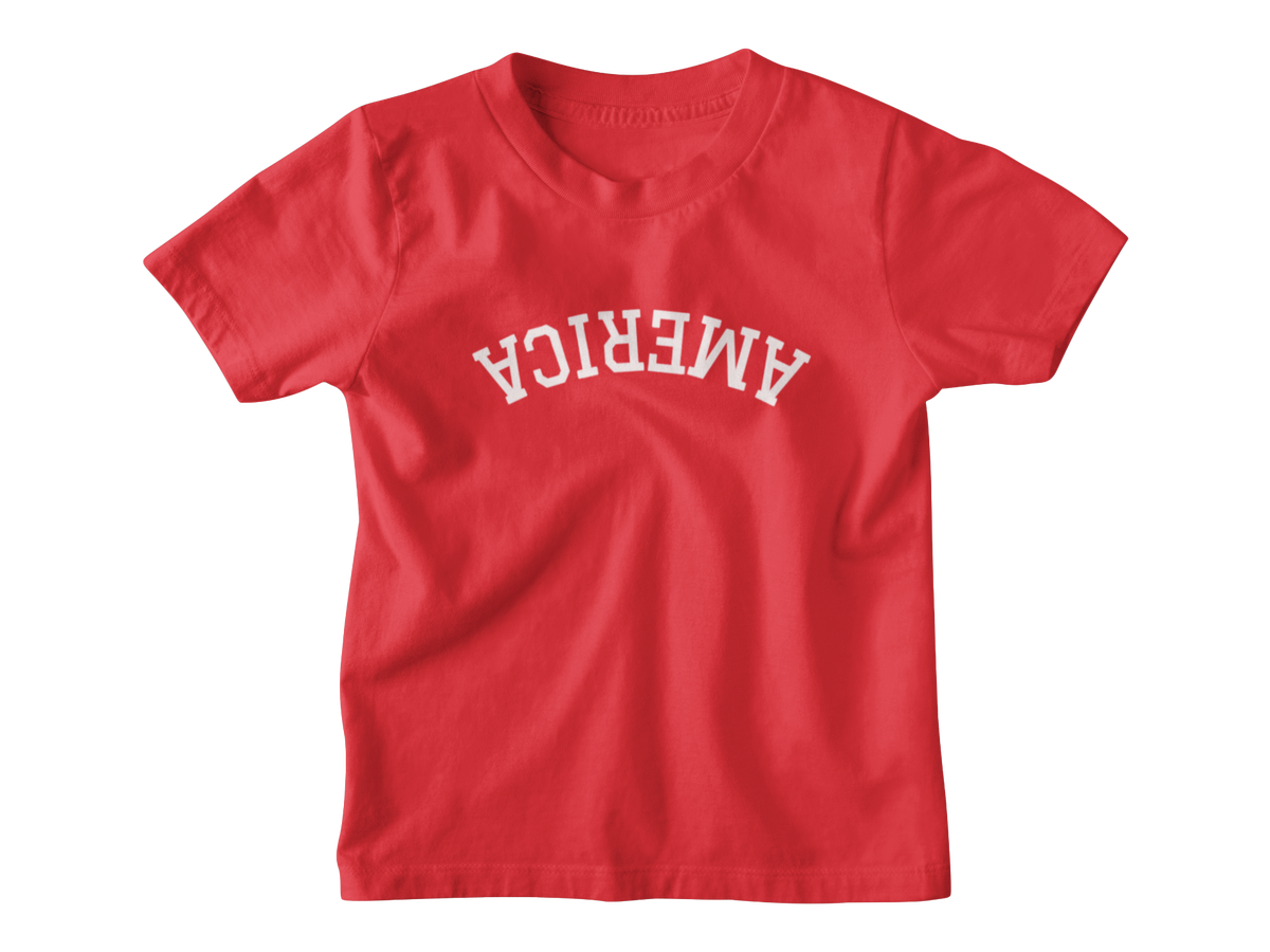 A red short-sleeve crewneck kids t-shirt with &
