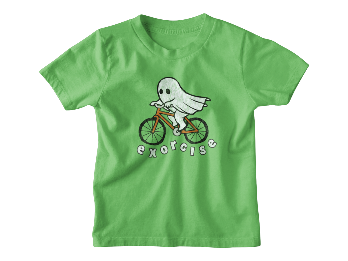 A bright green short-sleeve kids t-shirt Halloween graphic of a white ghost riding an orange bicycle, with the word &