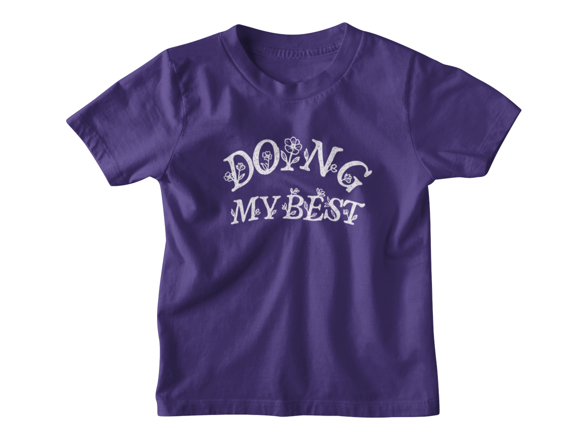 A purple kids short-sleeve crewneck t-shirt with a white graphic text print reading &