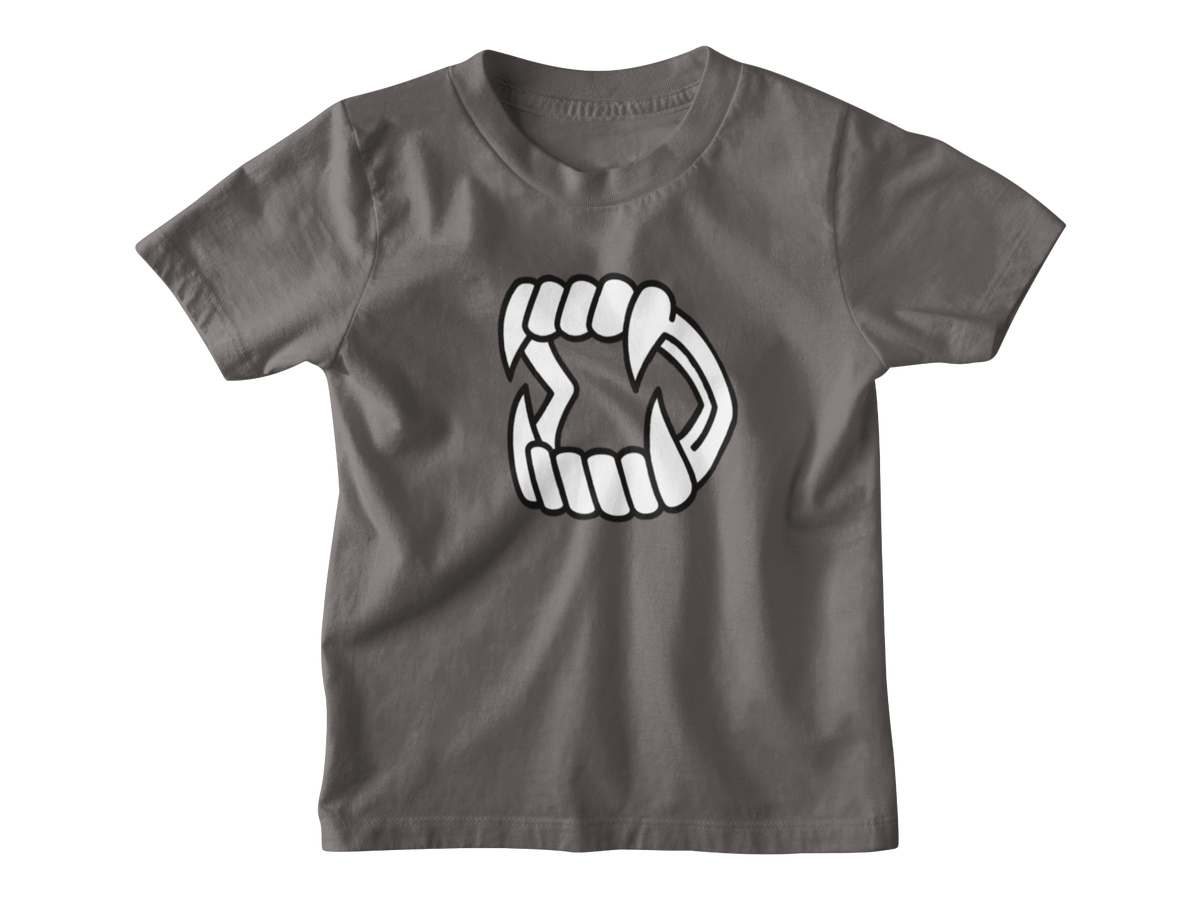 A gray kids short-sleeve t-shirt with a white cartoon graphic of Halloween vampire fangs on the chest, displayed on a solid white background.
