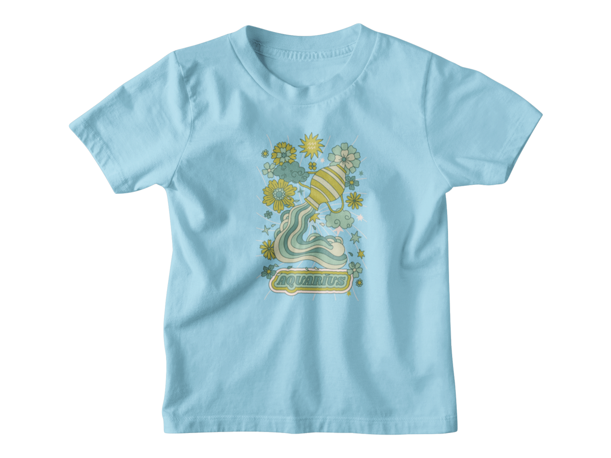 A blue short-sleeve kids t-shirt with a colorful &