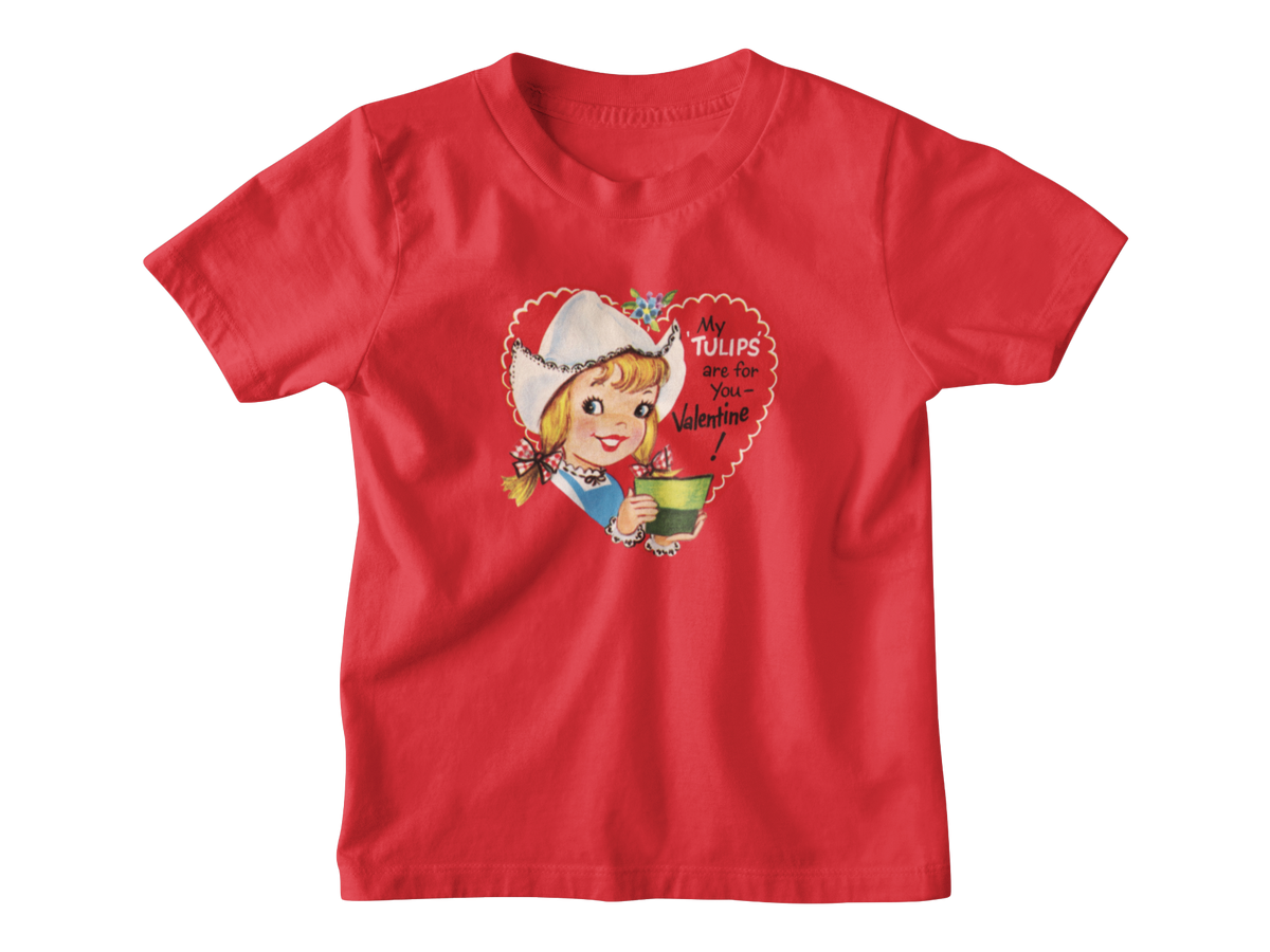 A red short-sleeve kids t-shirt with a vintage-style red heart Valentine with the text &
