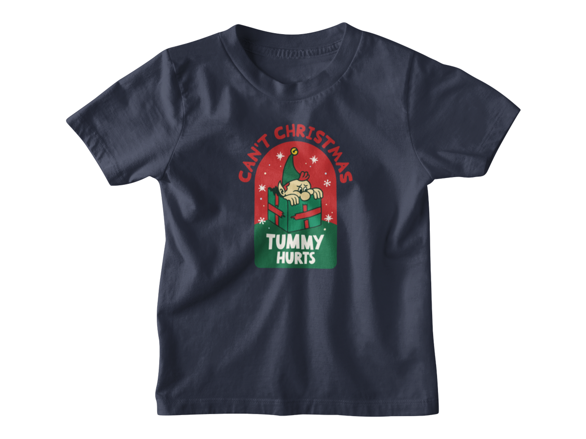 A navy blue kids t-shirt with a Christmas-themed graphic on the chest. The graphic features a cartoon character in a green hat holding a red gift box under the text &