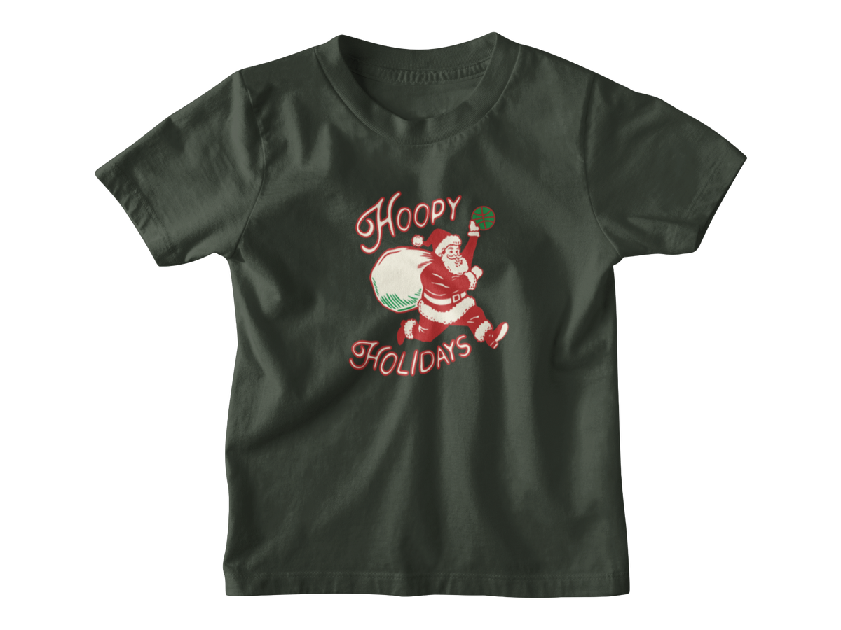 A forrest green short-sleeve t-shirt with a vintage-style Christmas graphic of Santa Clause running while carrying a sack, with the words &