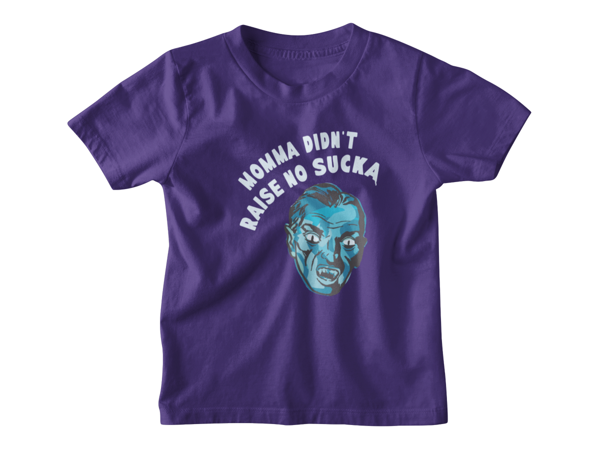 A purple short-sleeve Halloween kids t-shirt with a graphic of a vampire and the text &