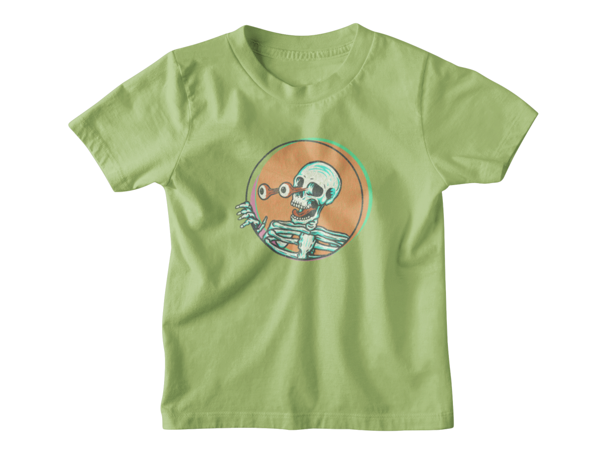 A light green short-sleeve t-shirt with a circular graphic of a cartoon skeleton holding a smoking pipe, set against a plain white background.