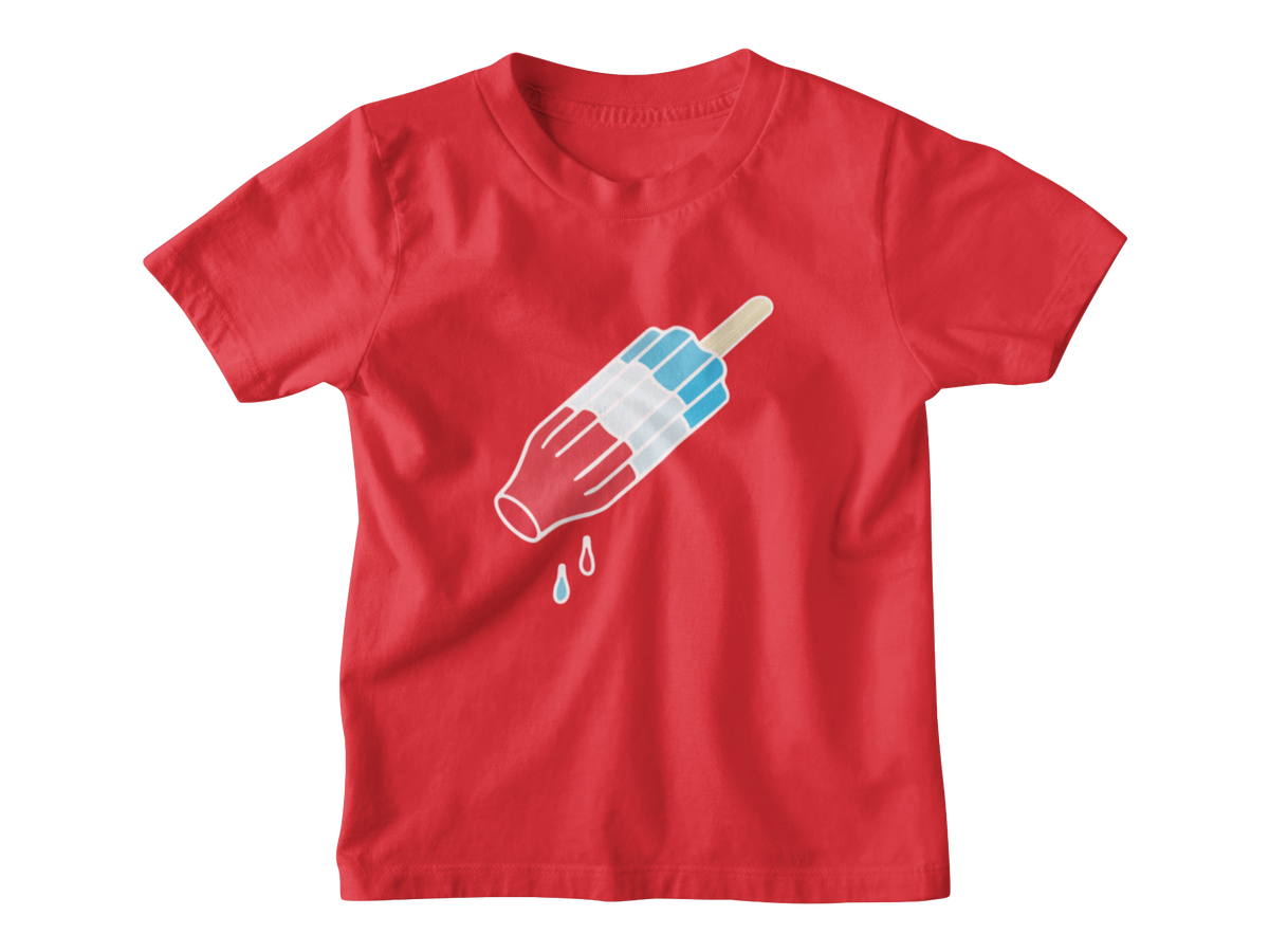 A red short-sleeve kids crewneck t-shirt featuring a graphic of a rocket popsicle with blue and white stripes for 4th of July.