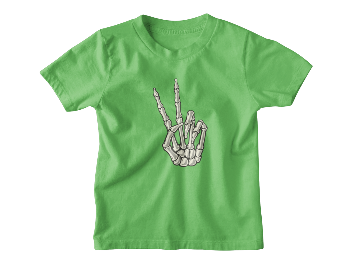 A green short-sleeve crewneck kid t-shirt featuring a Halloween graphic of a skeletal hand making the middle finger, displayed on a clean white background.