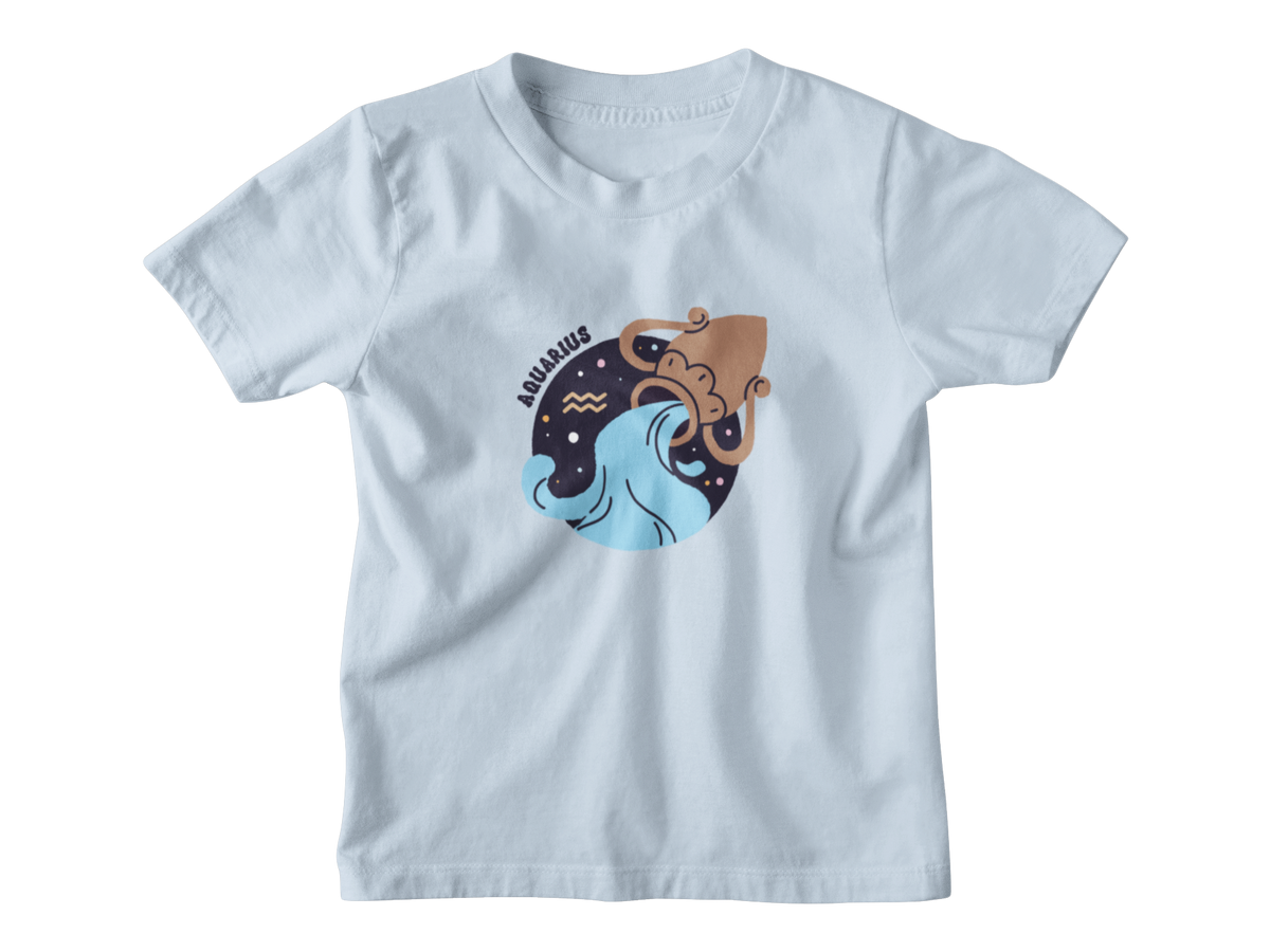 A light blue short-sleeve kids t-shirt with a central graphic of the Aquarius zodiac sign.