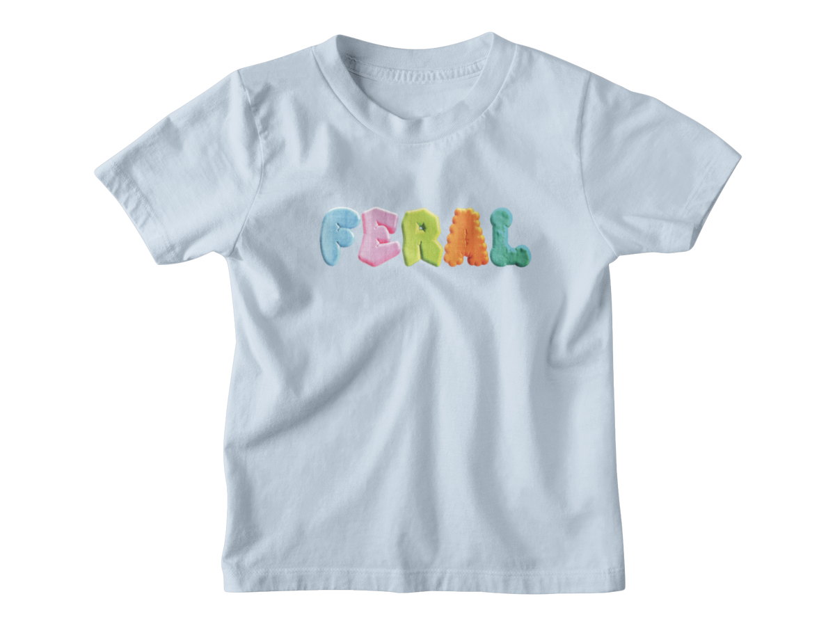 A light blue short-sleeve kids crewneck t-shirt featuring the word &