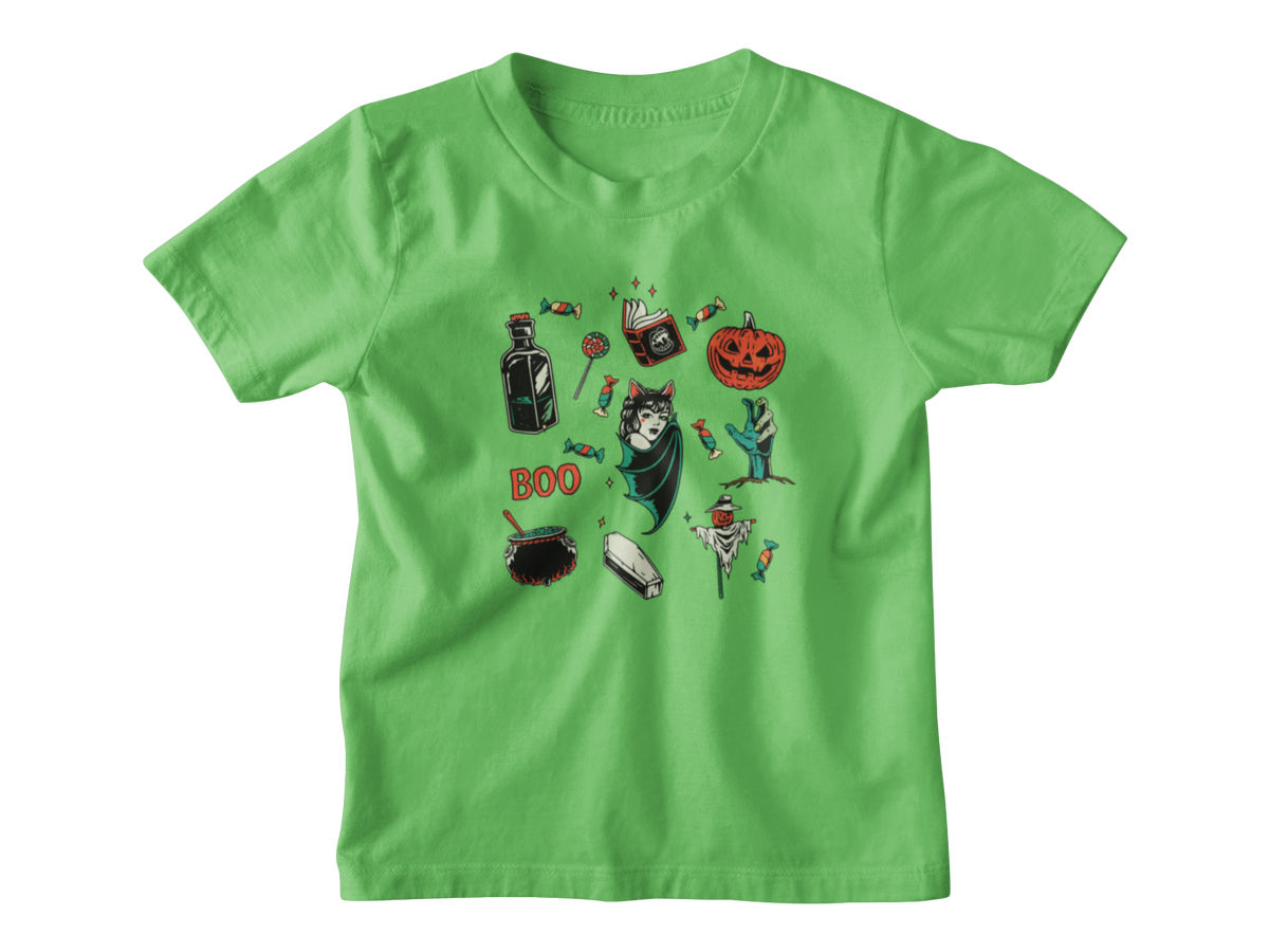 A green kids short-sleeve t-shirt with a central graphic collage of various Halloween-themed illustrations, including a jack-o&