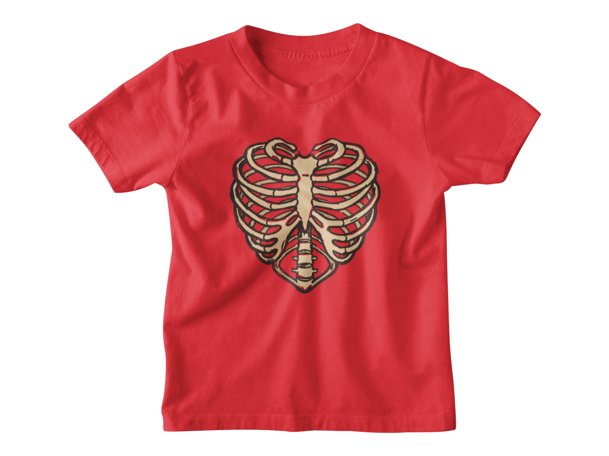A red kids crewneck shirt featuring a skeleton ribcage heart for Valentine&