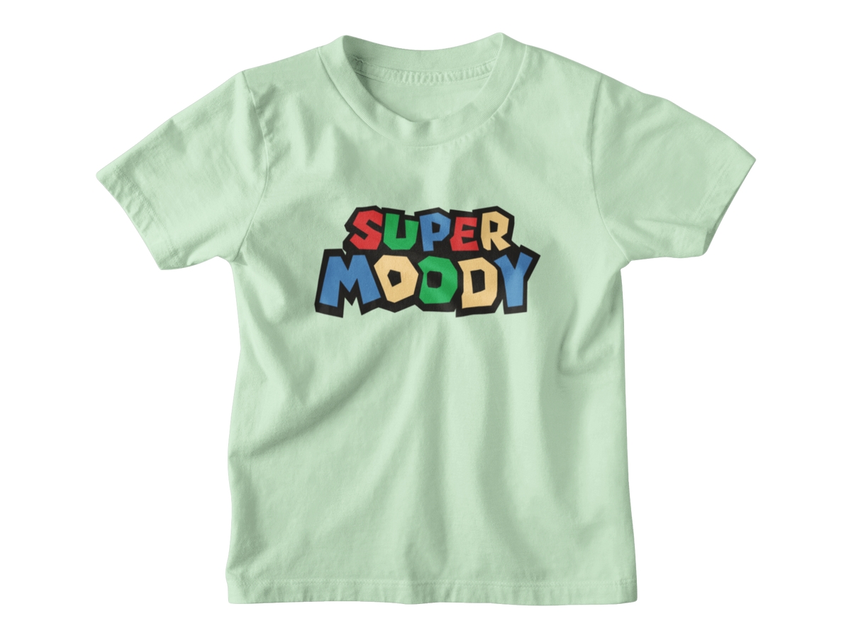 A mint green short-sleeve kids t-shirt with a colorful graphic on the chest that reads &