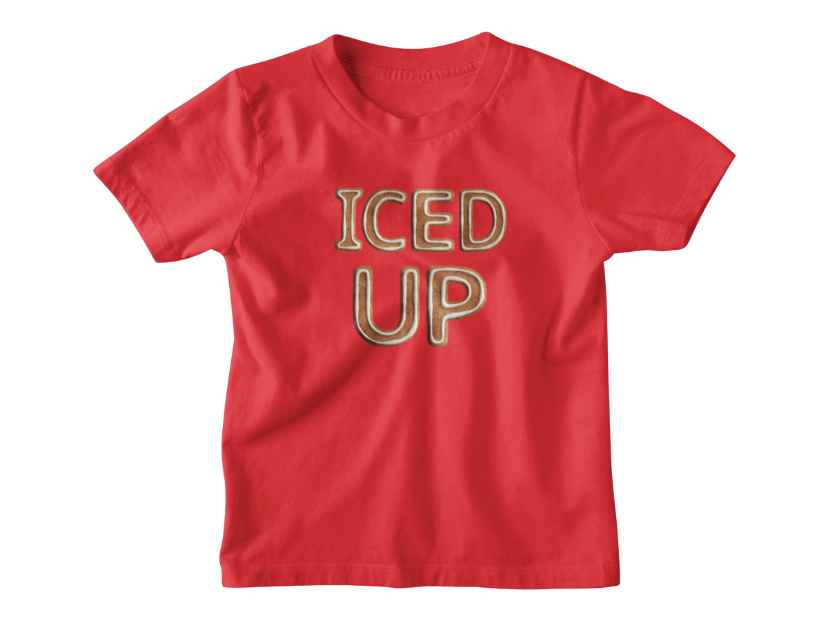 A red short-sleeve crewneck t-shirt with the words &