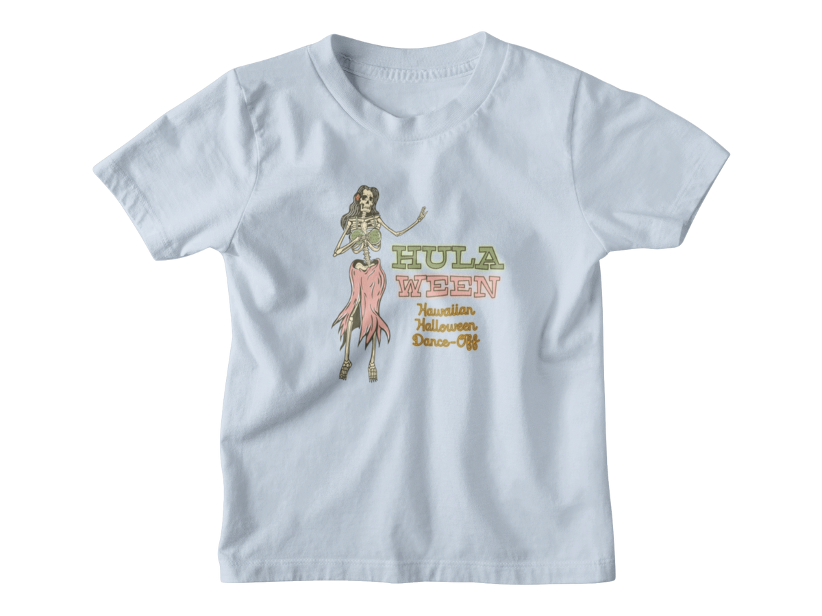 A light blue short-sleeve kid t-shirt with a graphic on the front showing a hula dancer and the text &