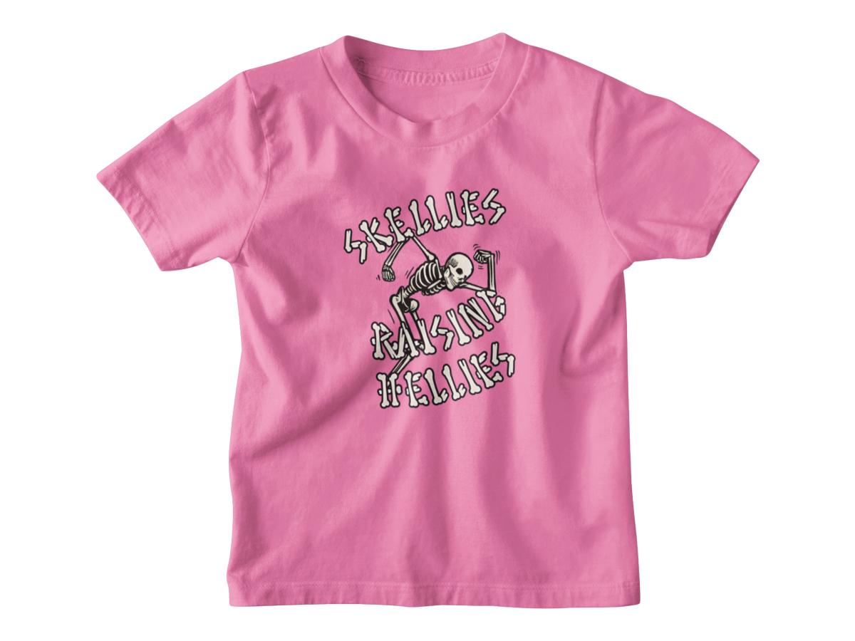 A pink short-sleeve crewneck t-shirt featuring a black graphic of a skeleton holding a pitchfork with the text &