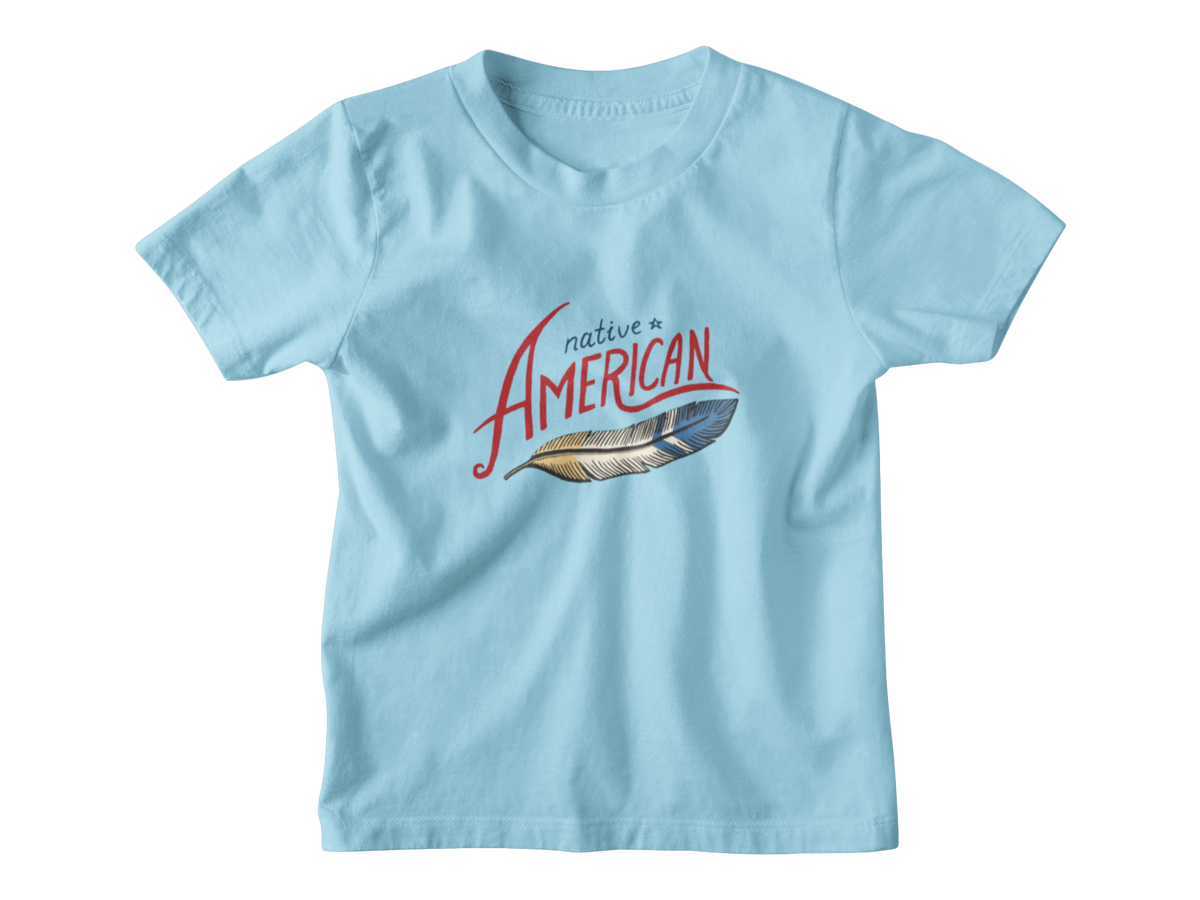 A light blue short-sleeve t-shirt with a graphic on the chest reading &