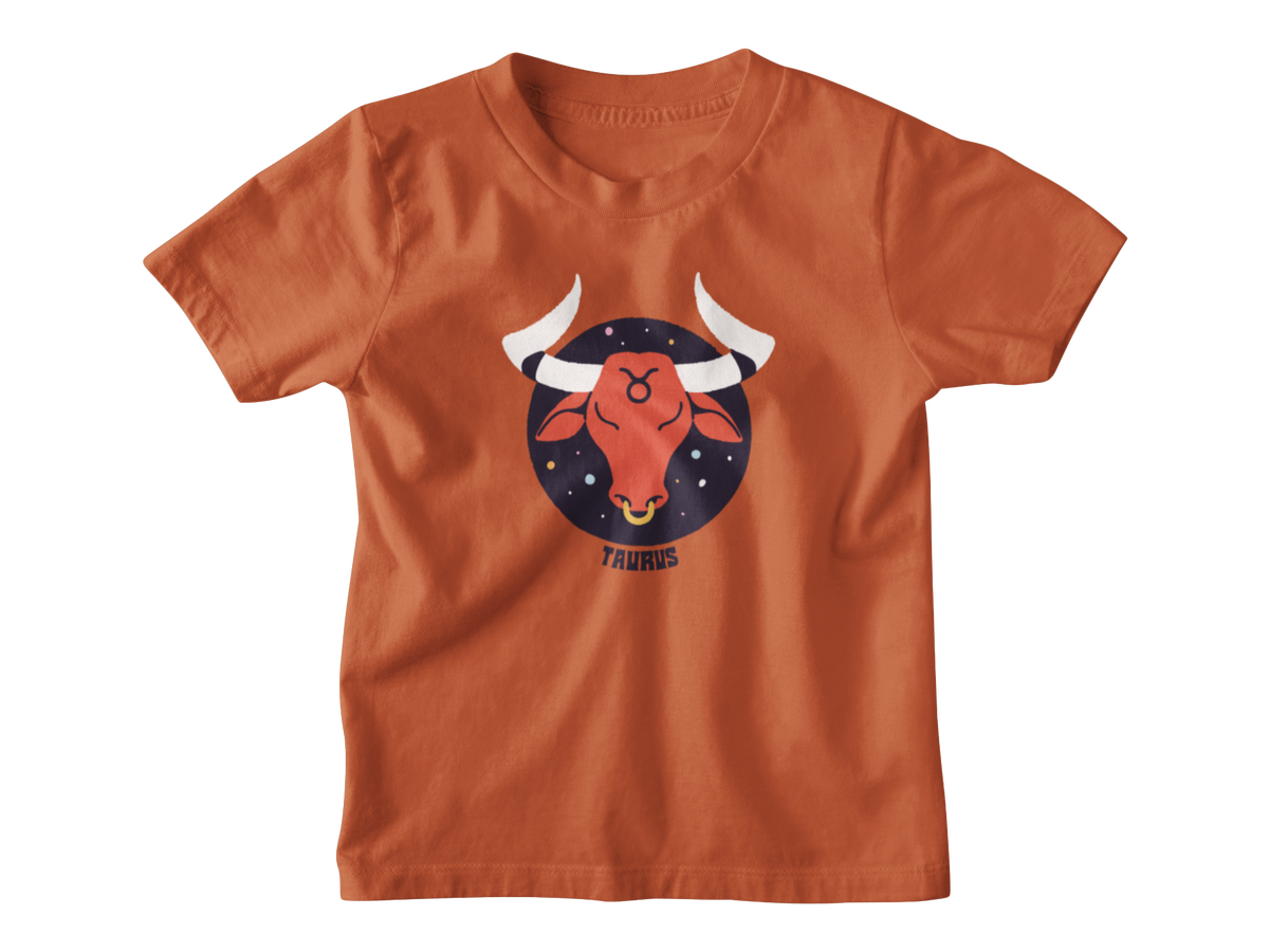 A dark orange short-sleeve kids t-shirt with a graphic of a red bull head inside a dark blue starry circle, labeled &