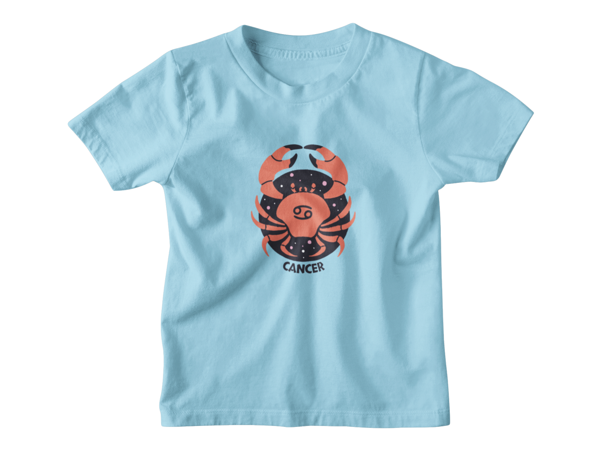 A blue kids t-shirt with the Cancer astrology crab.