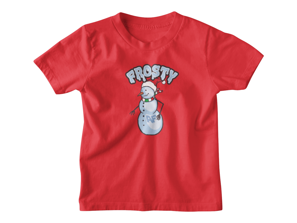 A red short-sleeve crewneck t-shirt featuring a Christmas snowman wearing a Santa hat and the word &