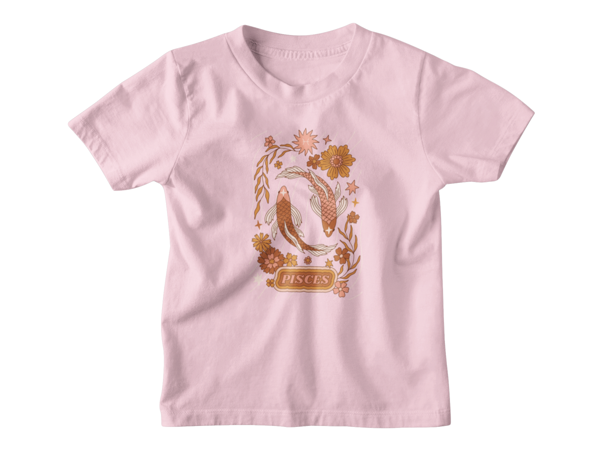 A pink kids astrology t-shirt featuring two koi fish and the word &