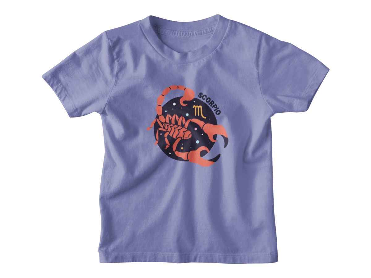 A violet short-sleeve kids astrology t-shirt with a graphic of a scorpion inside a starry circle, featuring the word &