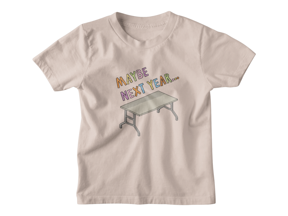 A beige short-sleeve kids t-shirt with a graphic print on the front that reads &