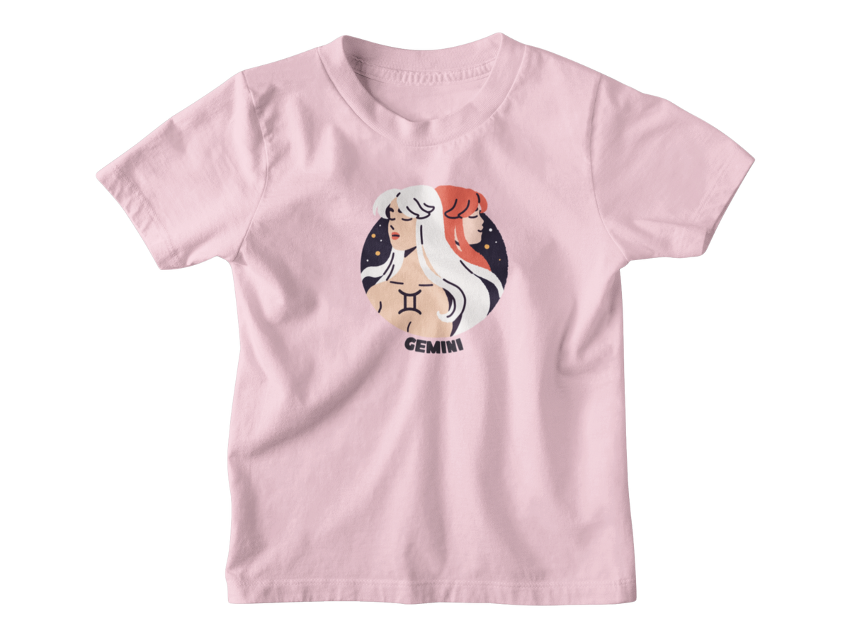 Pink kids t-shirt with a Gemini astrology graphic.