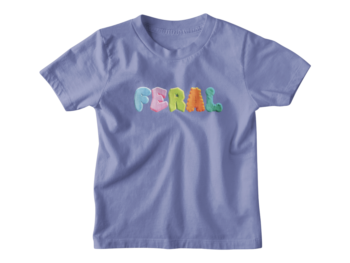 A violet short-sleeve kids crewneck t-shirt featuring the word &