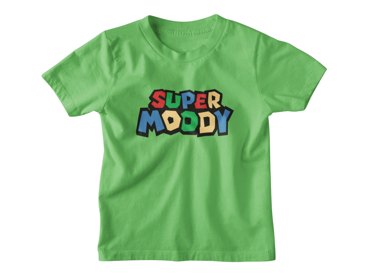 A green short-sleeve kids t-shirt with a colorful graphic on the chest that reads &