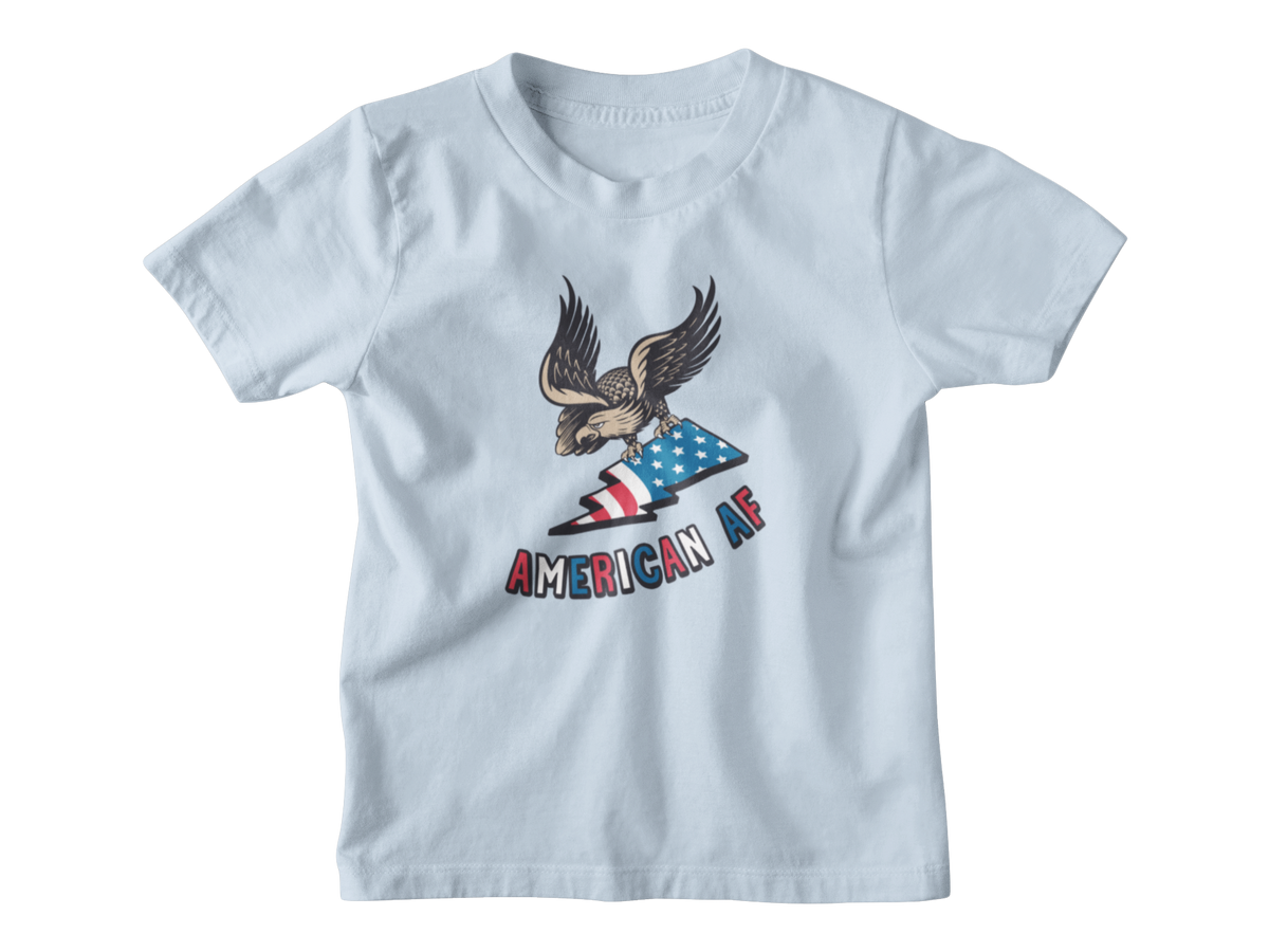 A light blue short-sleeve t-shirt with a graphic of an eagle holding an American flag and the text &