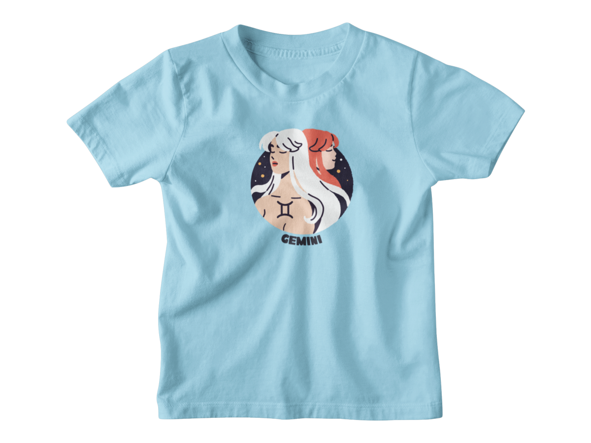 Blue kids t-shirt with a Gemini astrology graphic.