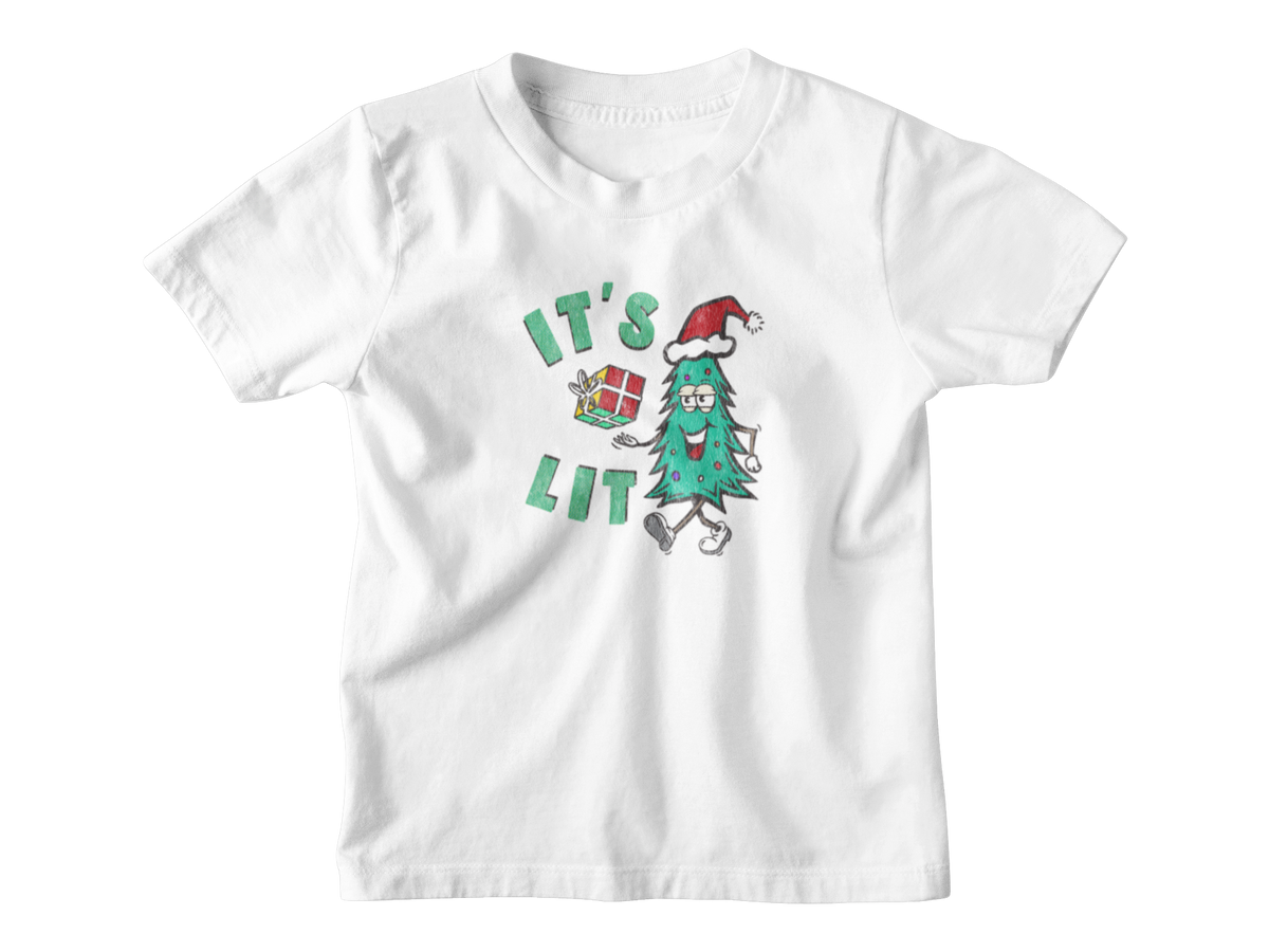 A white short-sleeve crewneck t-shirt featuring a Christmas-themed graphic on the front. The graphic displays the text &