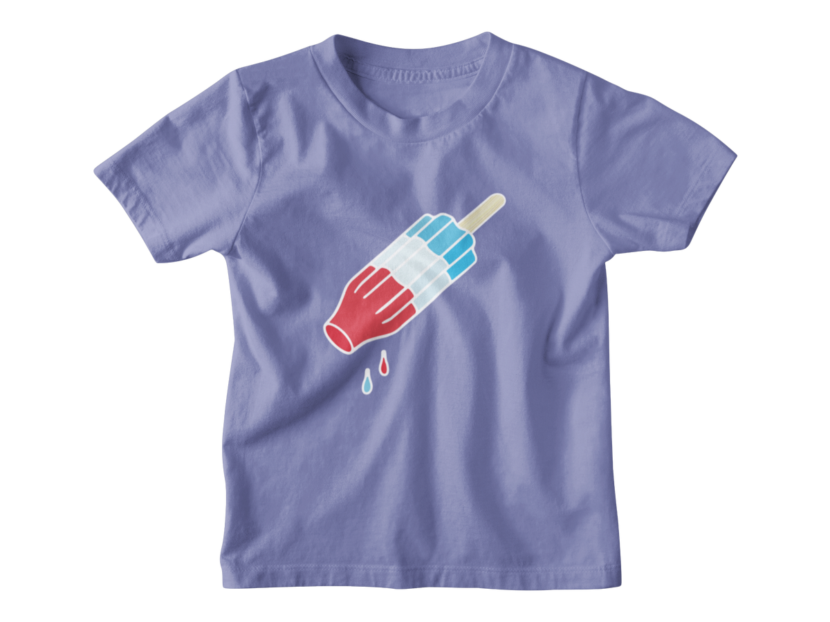 A violet short-sleeve kids crewneck t-shirt featuring a graphic of a rocket popsicle with blue and white stripes for 4th of July.