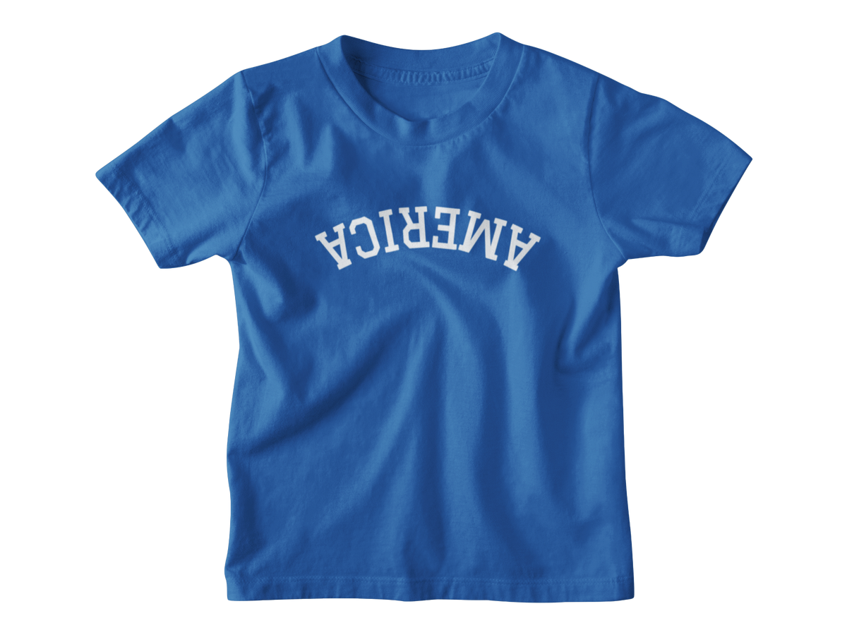 A royal blue short-sleeve crewneck kids t-shirt with &