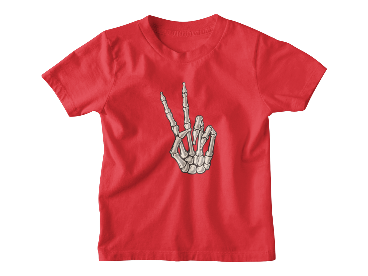 A red short-sleeve crewneck kid t-shirt featuring a Halloween graphic of a skeletal hand making the middle finger, displayed on a clean white background.