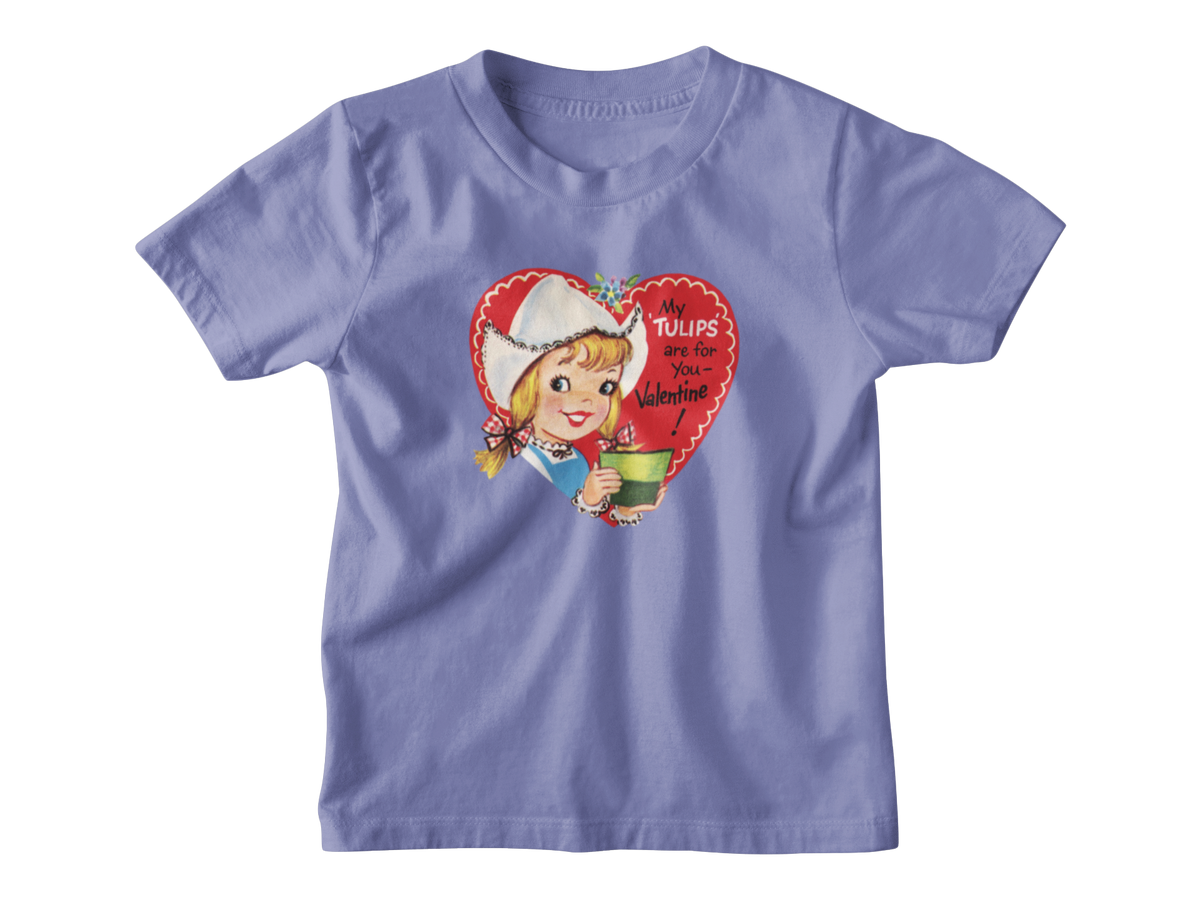 A violet short-sleeve kids t-shirt with a vintage-style red heart Valentine with the text &