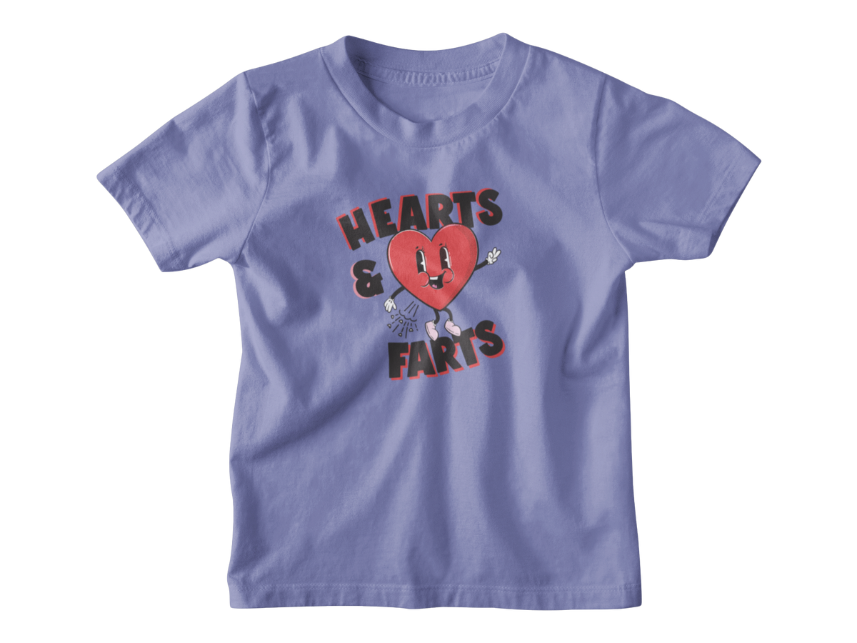 Violet kids shirt with a heart that says Hearts and Farts.